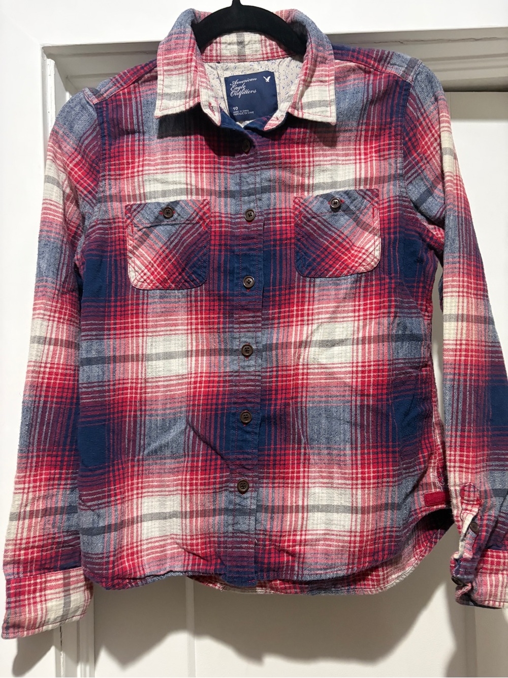 American Eagle Outfitters Red, Blue & White Plaid Button-Down Shirt